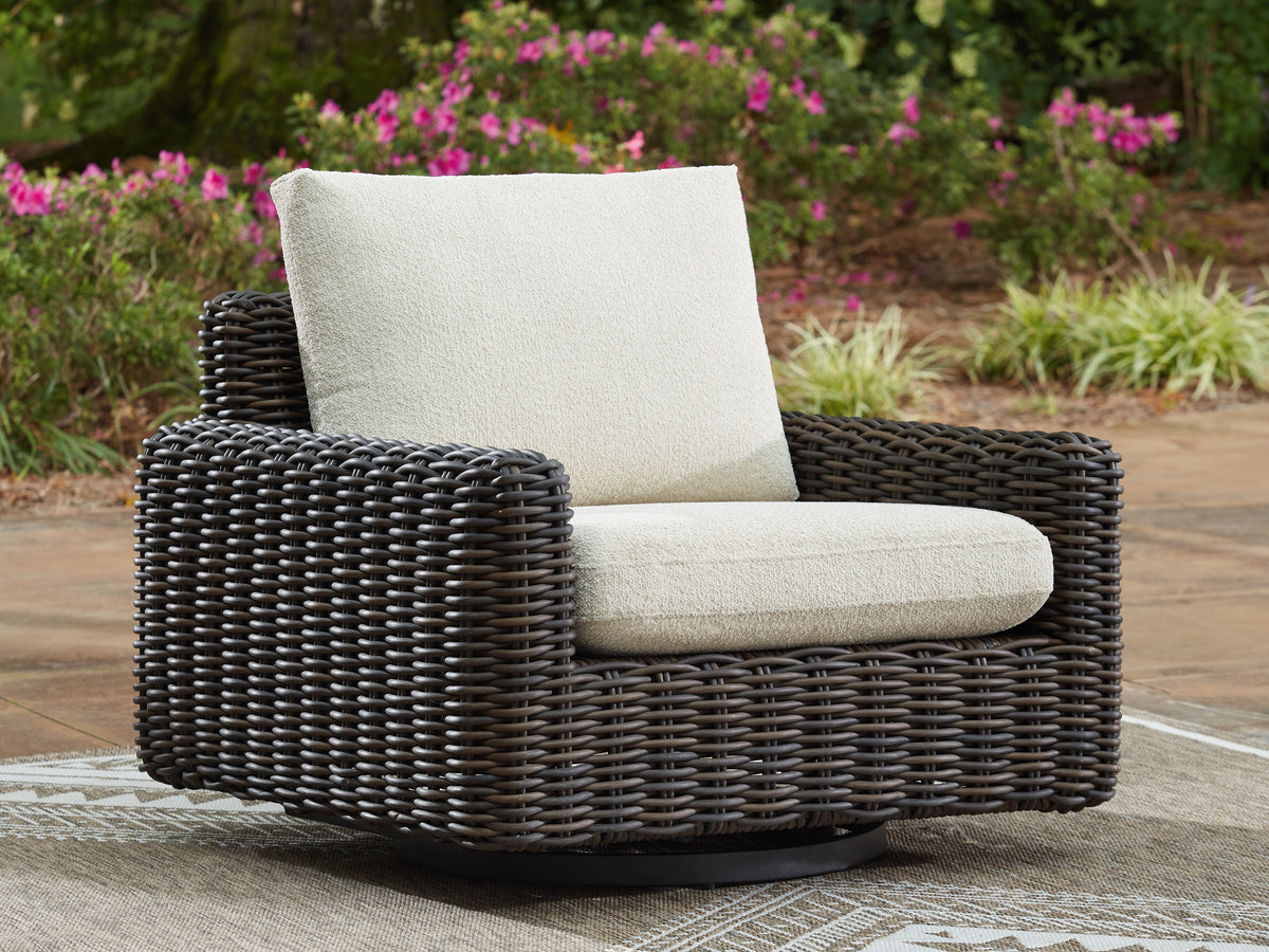 Luxury Living Gallery - Ashley Furniture - Kimora Outdoor - Swivel Glider Lounge w/Cushion / Beige/Dark Brown - P711-821