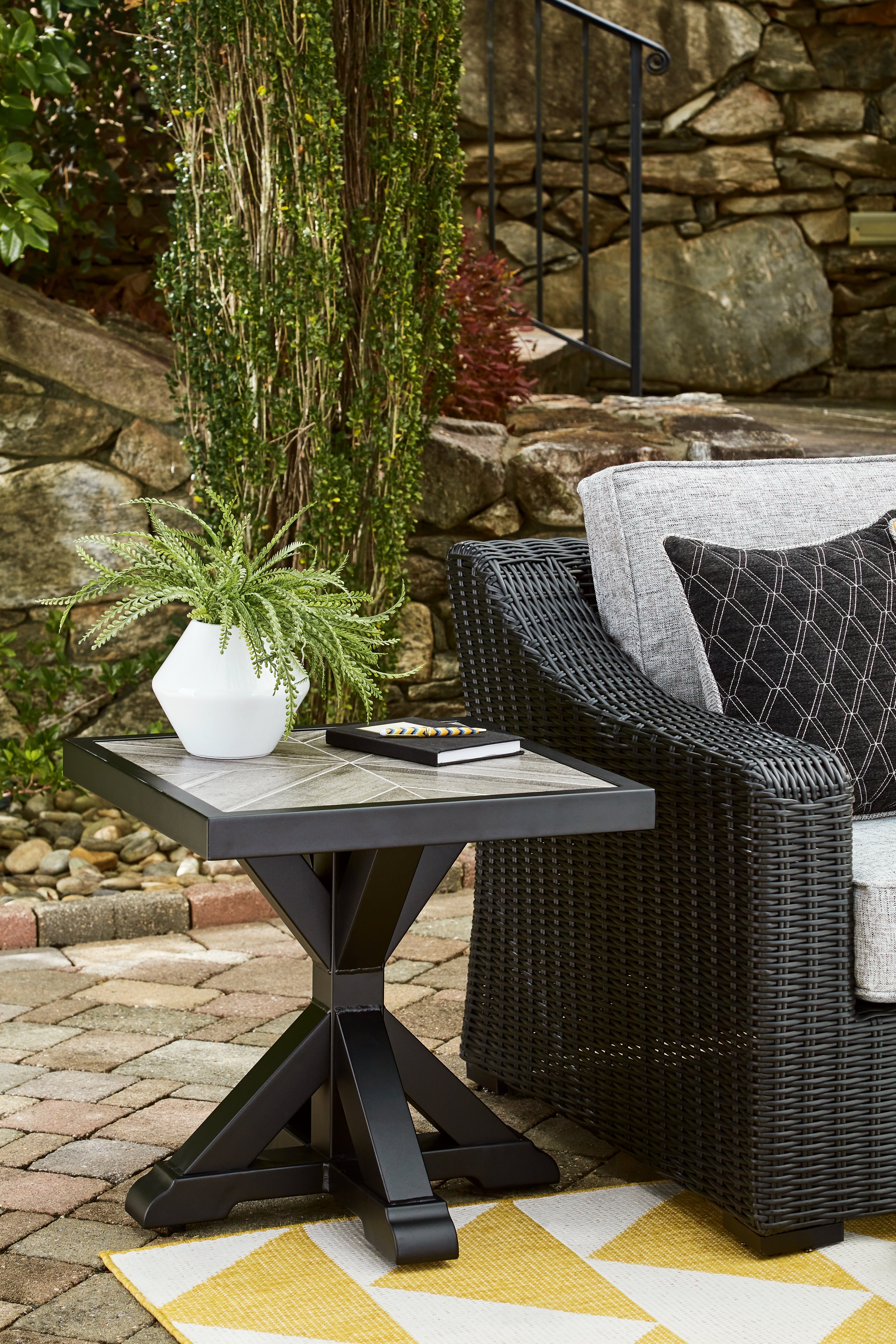 Luxury Living Gallery - Ashley Furniture - Beachcroft Outdoor - Square End Table / Black/Light Gray - P792-702