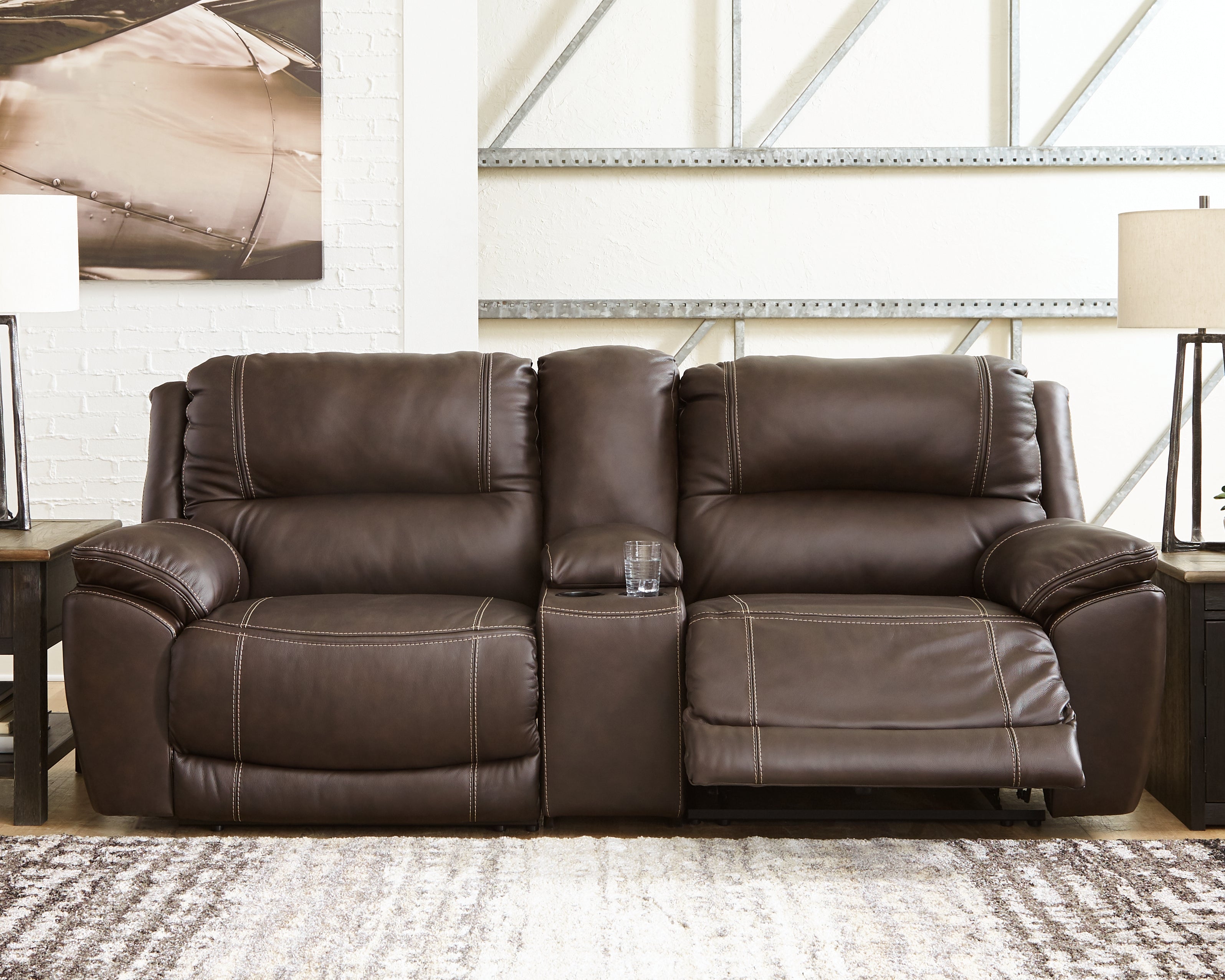 Luxury Living Gallery - Ashley Furniture - Dunleith Sectional - 3-Piece Power Reclining Loveseat with Console / Chocolate - U71604S4